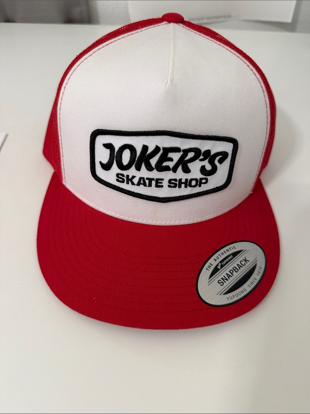 Joker's Skate Shop Huntington Beach Red White Mesh Trucker Hat Snapback